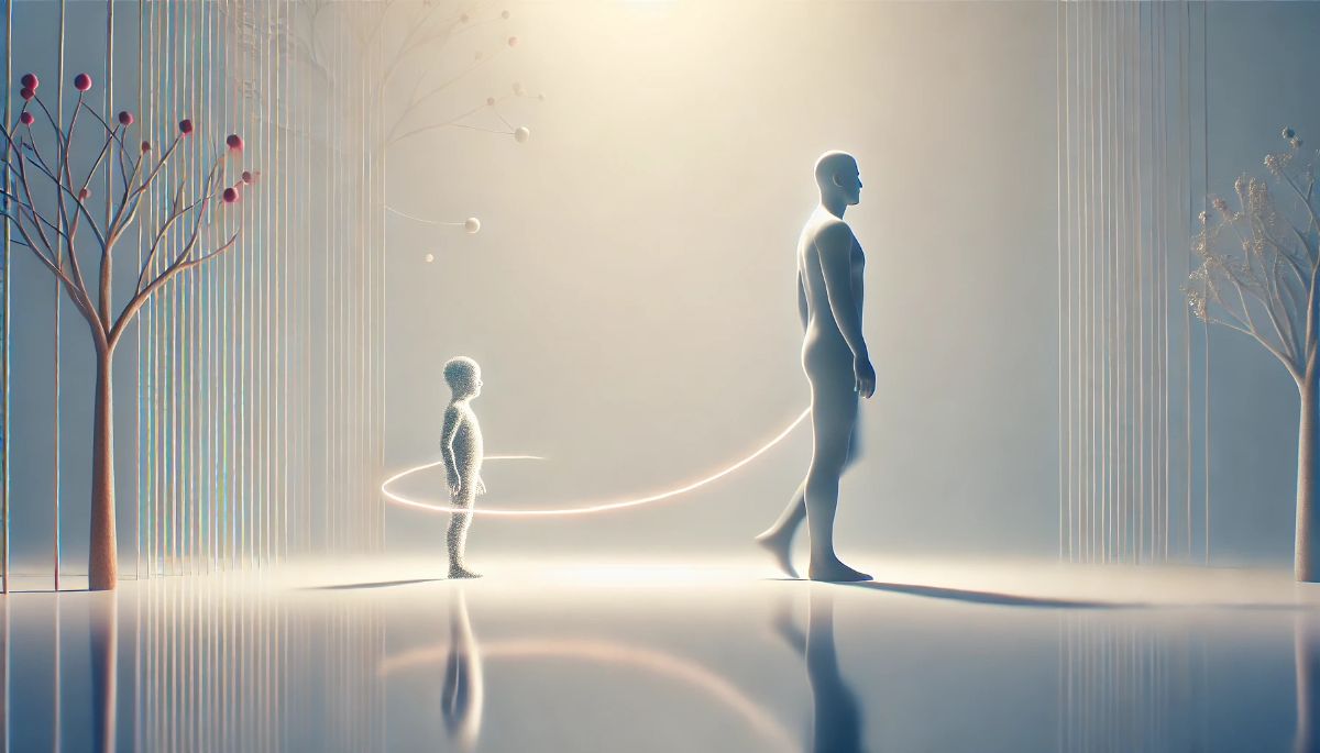 Abstract scene showing a child and adult connected, symbolising how past attachment shapes who we are today.