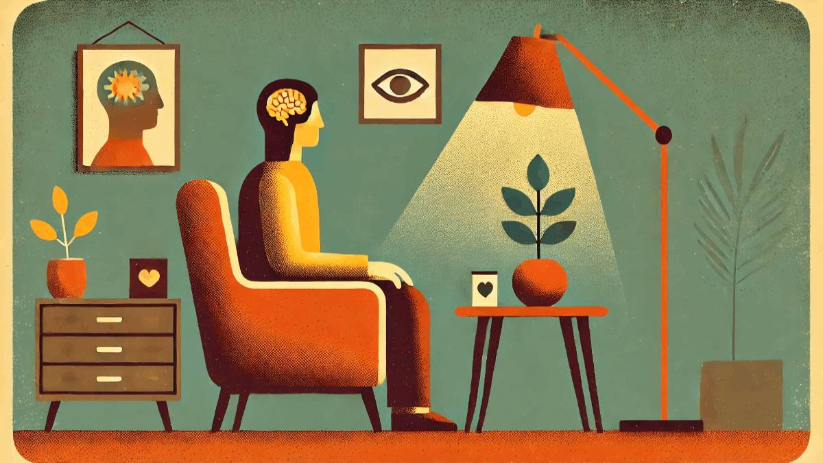 Person sitting in a therapy room with brain imagery and calming decor, symbolizing mental health support.