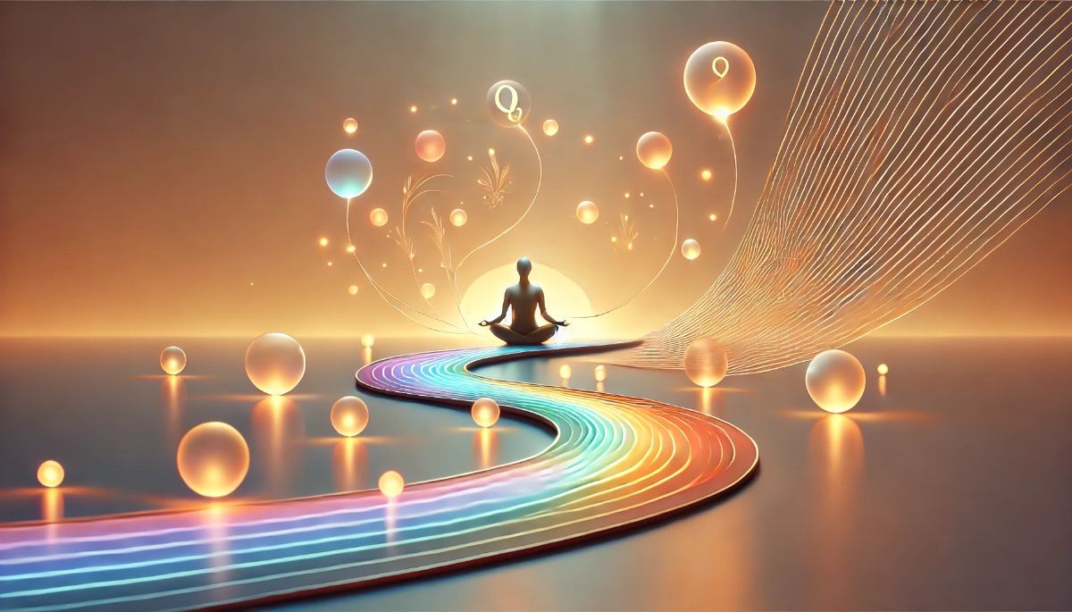 A person sitting in calm meditation on a glowing rainbow path, surrounded by warm light and gentle floating orbs.