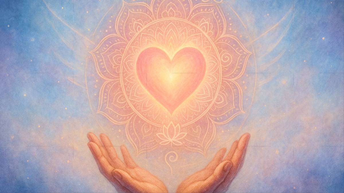 Glowing heart above hands in nature mandala